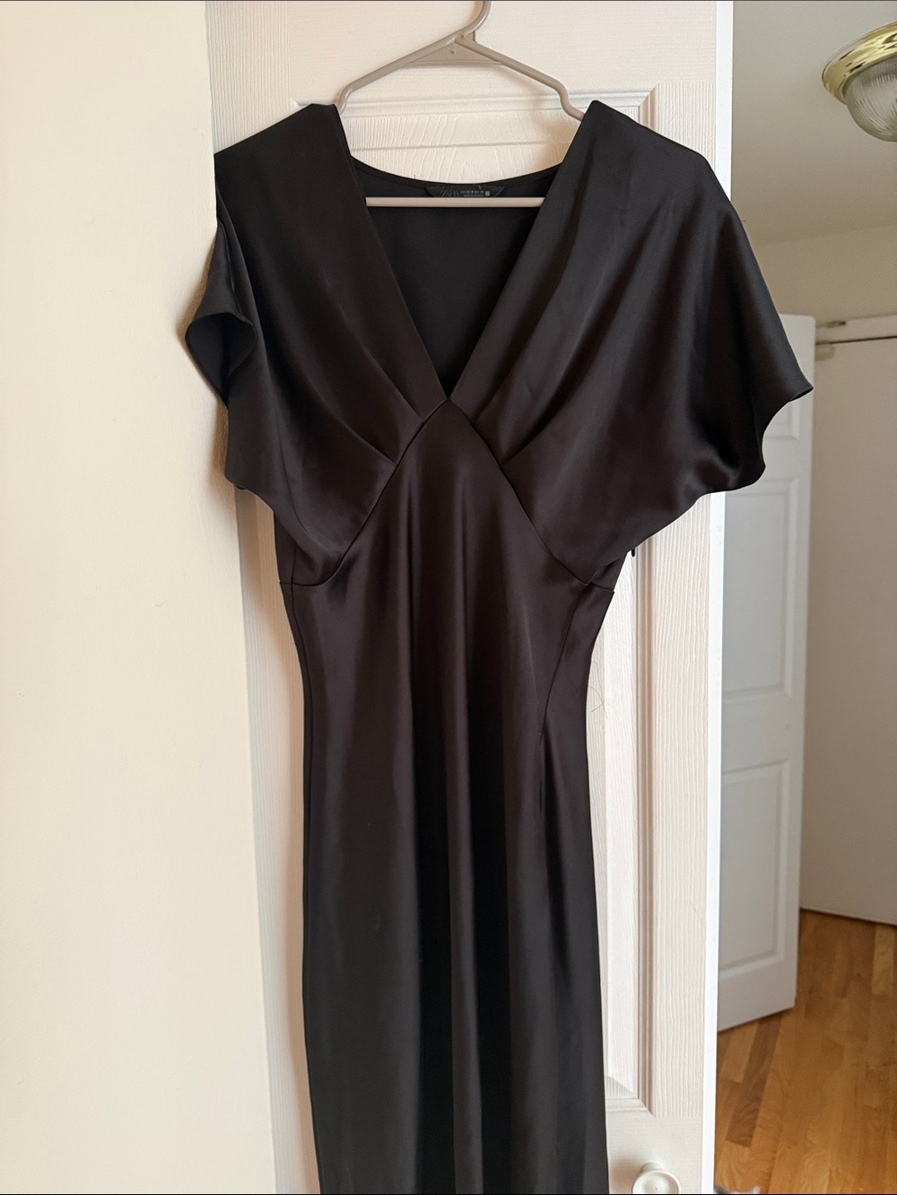 Zara Black Satin V-Neck Midi Dress